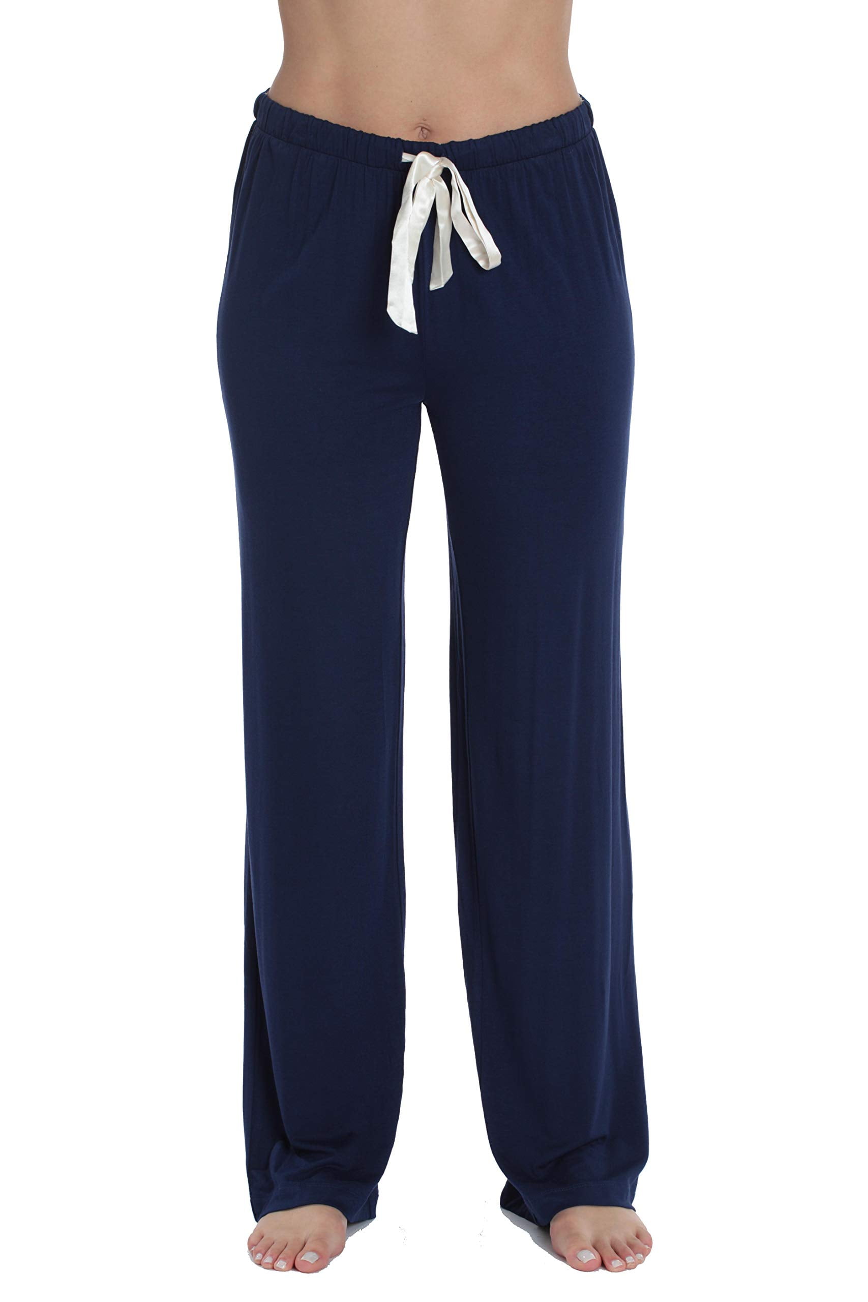 #followme Ultra Soft Solid Stretch Jersey Pajama Pants for Women (Navy With  Cream, Medium)