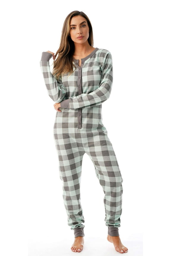 #followme Women's Thermal Henley Bodysuit - Cozy and Comfortable Winter Sleepwear and Loungewear Union Suit (Mint / Charcoal, Large)