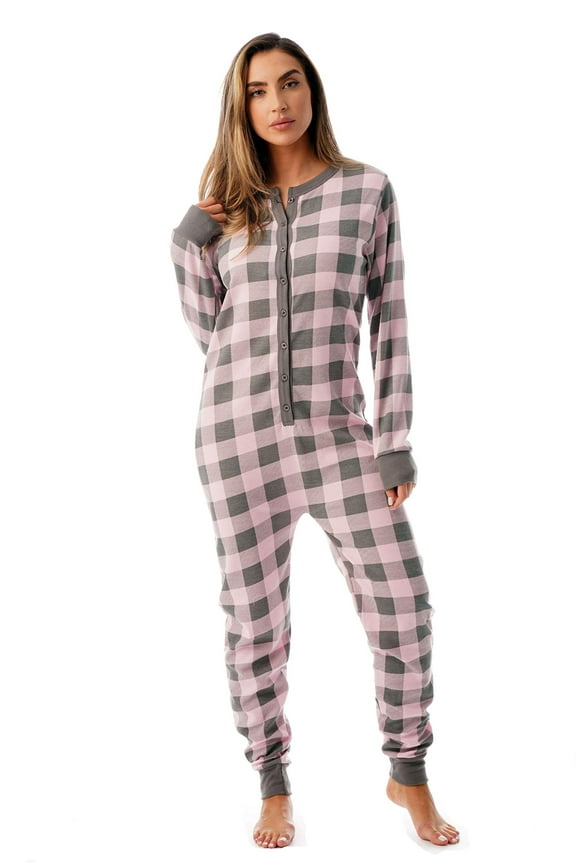 #followme Women's Thermal Henley Bodysuit - Cozy and Comfortable Winter Sleepwear and Loungewear Union Suit (Pink / Charcoal, X-Large)