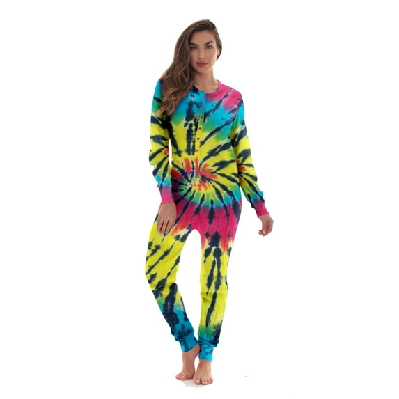 #followme Women's Thermal Henley Bodysuit - Cozy and Comfortable Winter Sleepwear and Loungewear Union Suit (Tie Dye Bright Swirl, Medium)
