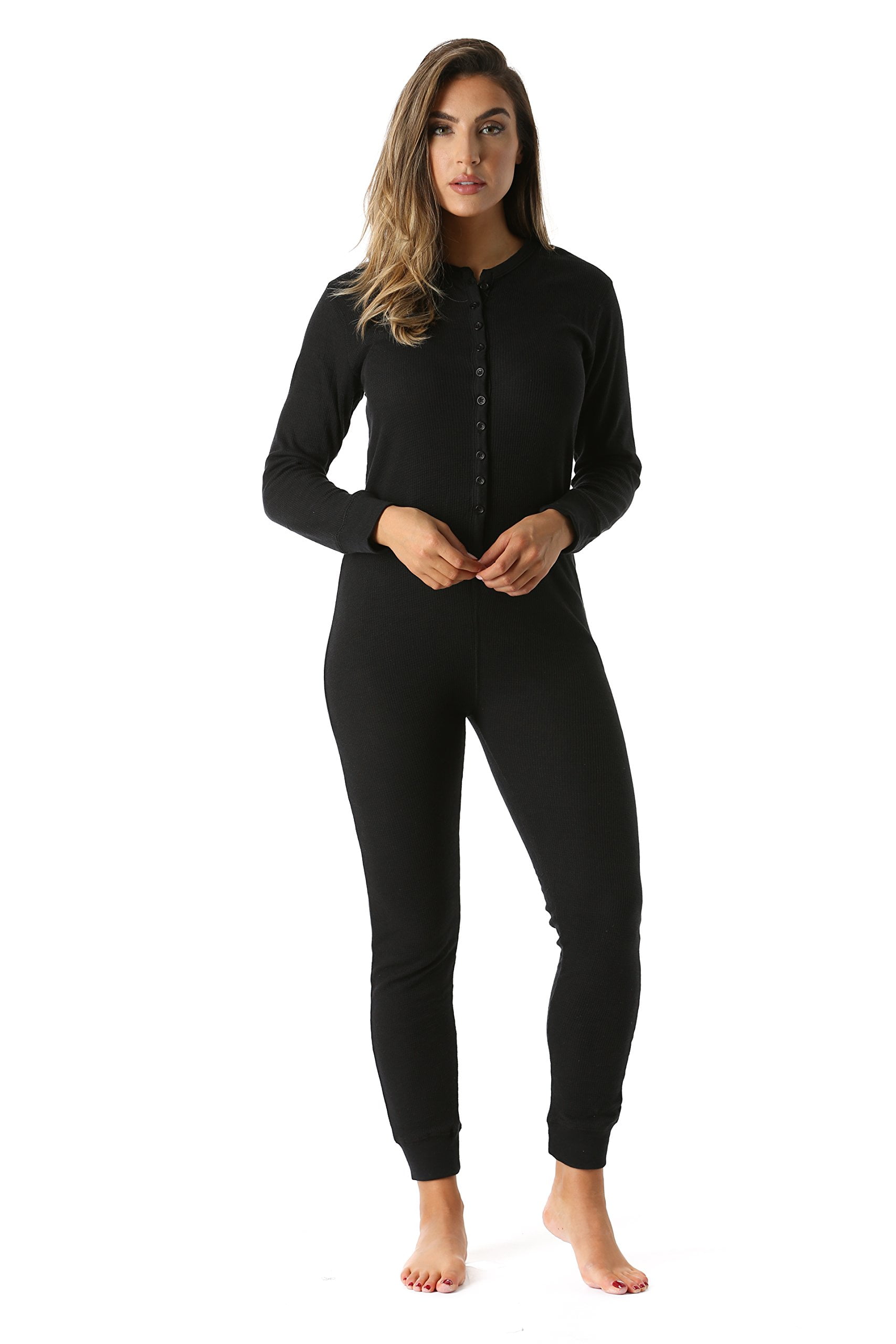 #followme Women's Thermal Henley Onesie - Soft and Cozy Union Suit for Winter Sleepwear and Lounging (Black, Small)