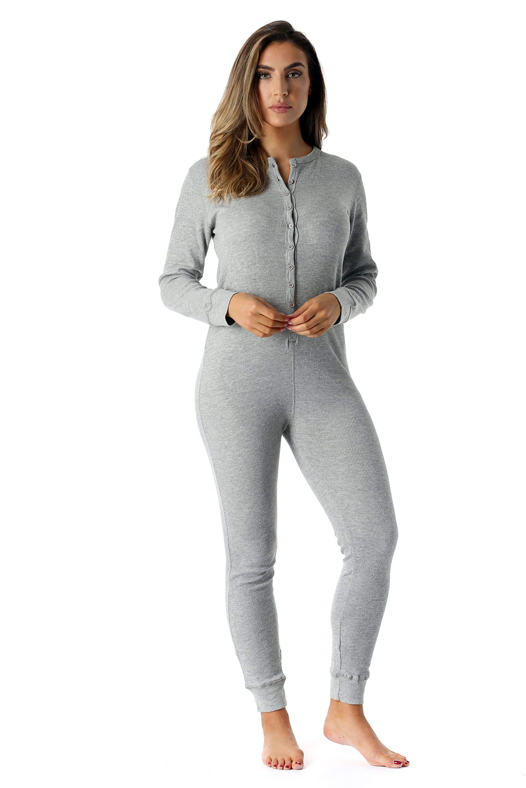 #followme Women's Thermal Henley Onesie - Soft and Cozy Union Suit for Winter Sleepwear and Lounging (Grey, X-Small)
