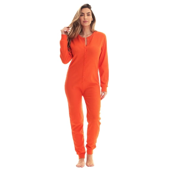#followme Women's Thermal Henley Onesie - Soft and Cozy Union Suit for Winter Sleepwear and Lounging (Orange, Medium)