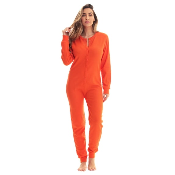 #followme Women's Thermal Henley Onesie - Soft and Cozy Union Suit for Winter Sleepwear and Lounging (Orange, X-Small)