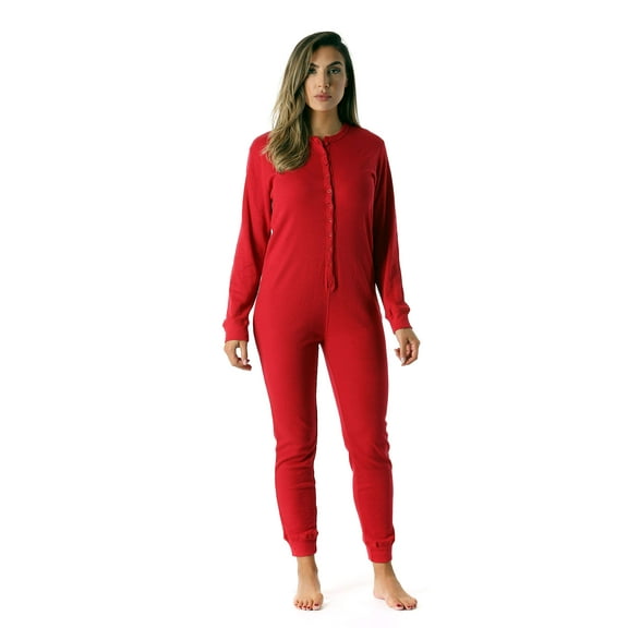 #followme Women's Thermal Henley Onesie - Soft and Cozy Union Suit for Winter Sleepwear and Lounging (Red, Medium)