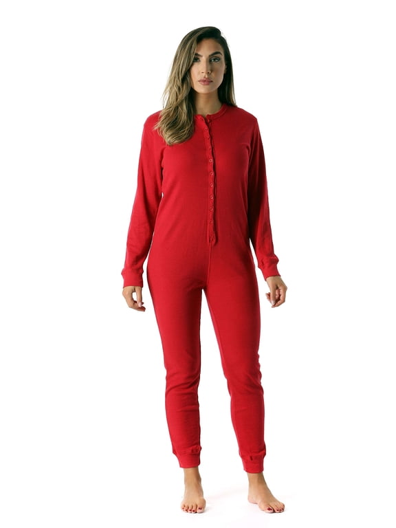 #followme Women's Thermal Henley Onesie - Soft and Cozy Union Suit for Winter Sleepwear and Lounging (Red, X-large)