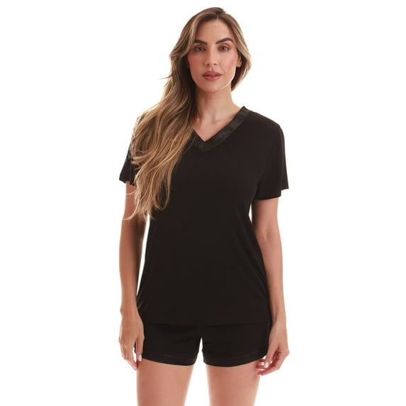 #followme Womens Pajama Shorts Set Ultra Soft PJ Set for Women with Satin V-Neck Trim (Black With Satin Trim, 1X)