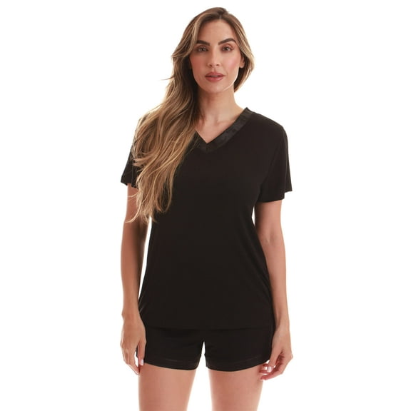 #followme Womens Pajama Shorts Set Ultra Soft PJ Set for Women with Satin V-Neck Trim (Black With Satin Trim, Small)