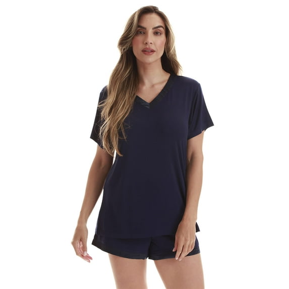 #followme Womens Pajama Shorts Set Ultra Soft PJ Set for Women with Satin V-Neck Trim (Navy With Satin Trim, Large)