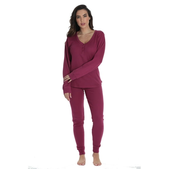 #followme Womens Thermal Henley Jogger Pant Set 6790-RED-L (Burgundy, Large)