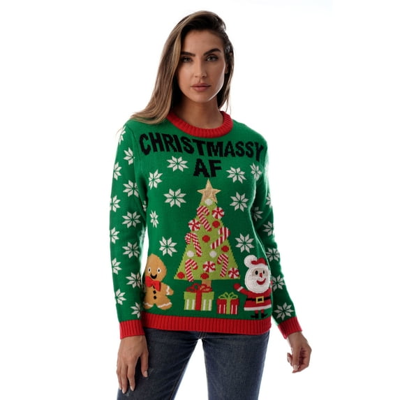 #followme Womens Ugly Christmas Sweater - Sweaters for Women (Green - Christmassy AF, XX-Large)