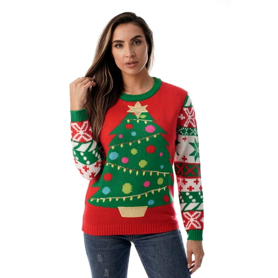 #followme Womens Ugly Christmas Sweater - Sweaters for Women (Red - Christmas Tree, Large)