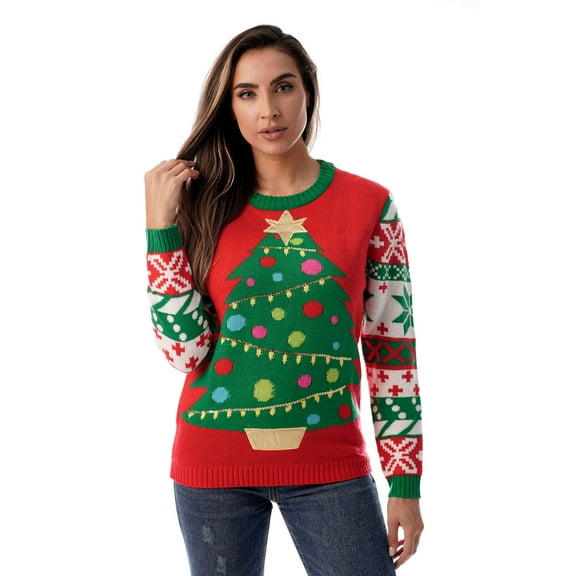 #followme Womens Ugly Christmas Sweater - Sweaters for Women (Red - Christmas Tree, XX-Large)
