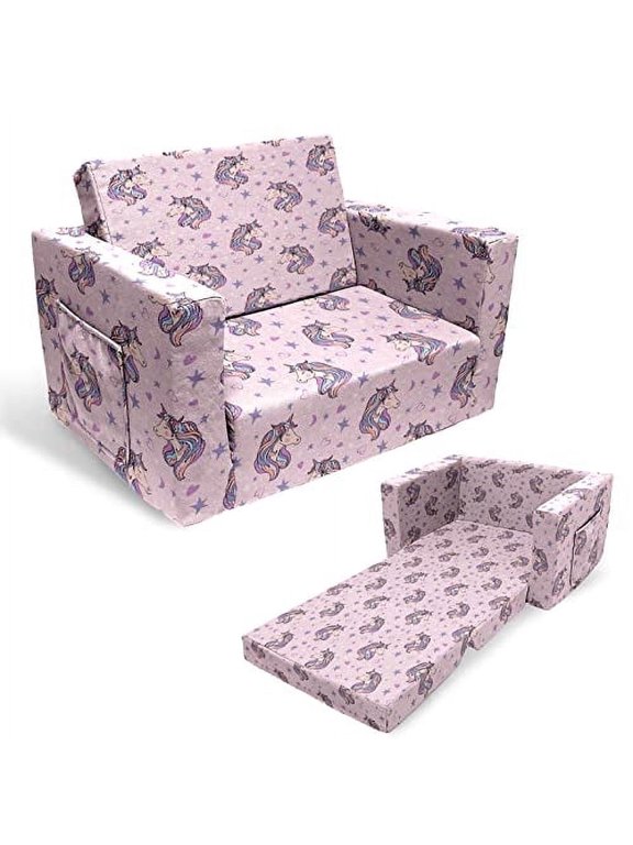 Kids Sofa Couch, 2 in 1 Children's Convertible Sofa, Extra Soft Flip Open Chairs , Cute Unicorn Print Toddler Chairs Couch for Girls Boys