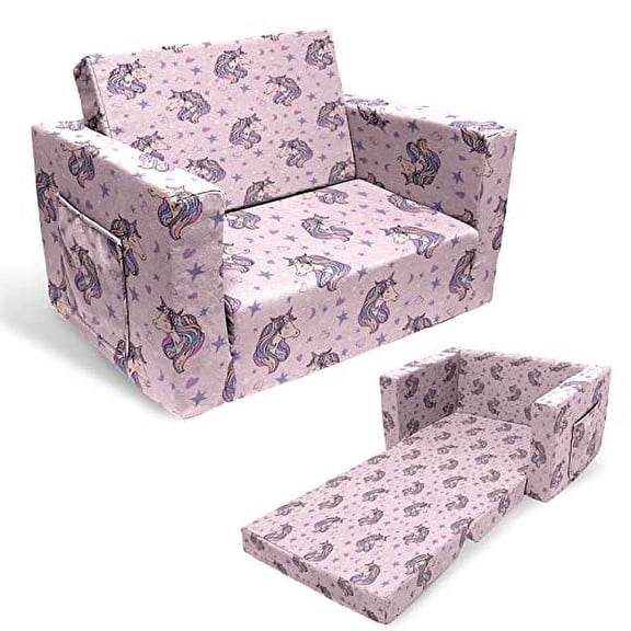 fond+found Kids Sofa Couch, 2 in 1 Children's Convertible Sofa, Extra Soft Flip Open Chairs , Cute Unicorn Print Toddler Chairs Couch for Girls Boys