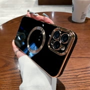 for 14 Pro Max Case MagSafe Support, 14 Pro Max Case Built-in Camera Protector Plating Gold Soft Silicone TPU Slim Case for 14 Pro Max 6.7 inch,Black