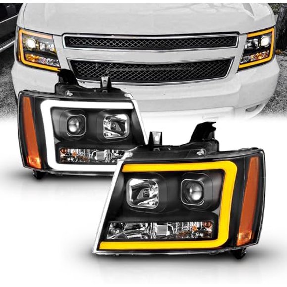 for 2007-2013 Chevy Avalanche/Suburban/Tahoe Switchback LED Tube Turn Siganl Projector Black Replacement Headlights Pair - Passenger and Driver Side