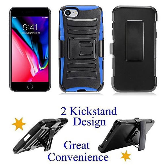 for 4.7" Apple iPhone 8 Case iPhone 7 Case Phone Case Belt Clip Holster 2 Kick Stands Hiking Hybrid Shock Shield Bumper Cover Blue