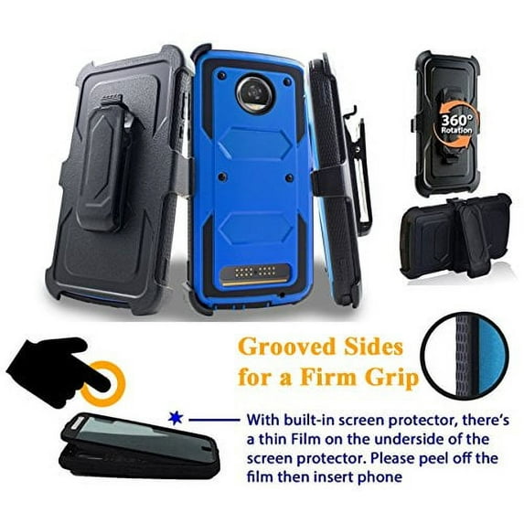 for 5.5" Motorola moto Z2 Play Z2 Force z2play z2force case Phone Case 360° Cover Screen Protector Clip Holster Kick Stand Grip Sides Armor Blue