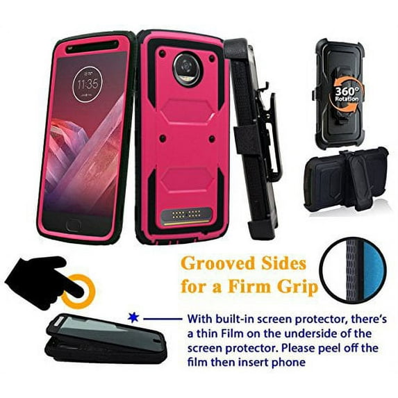 for 5.5" Motorola moto Z2 Play Z2 Force z2play z2force case Phone Case 360° Cover Screen Protector Clip Holster Kick Stand Grip Sides Armor Pink