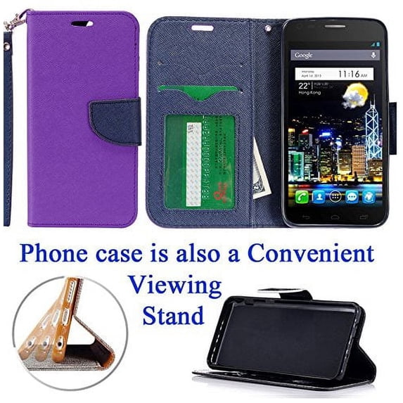 for 5" Alcatel POP 3 TRU Stellar Case Phone Case 2-Tone Wallet Kick Stand Pouch Pocket Hybrid Purse Grip Grained Screen Flip Cover Purple Navy