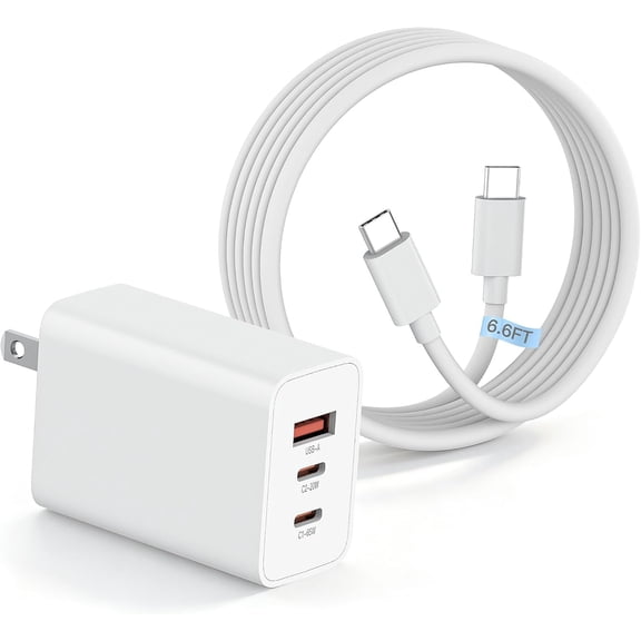 for 65W USB C Charger for MacBook Air/Pro M1-M5,for iPhone 17/16/15, iPad - 3-in-1 Fast Charging Block with 2 USB-C & USB-A Ports, 6.6FT Cable