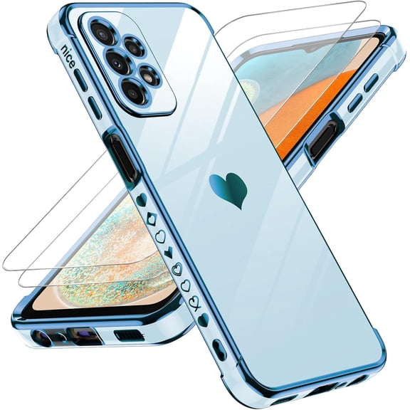 for A23 5G Case with Screen Protector [2 Pcs]+ Full Camera Protection, Love Heart Plating Girly Women Cute Soft TPU Case for A23 5G, Sierra Blue