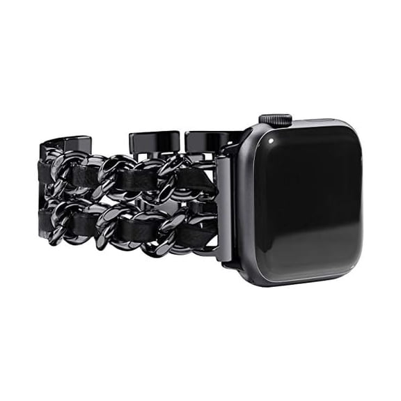 for Apple Watch Band Series 10 42mm 41mm 40mm 38mm Series9 8 7 SE 6 5 4 3, Jewelry Bracelet for iWatch Band for Women, Black Link with Black Leather