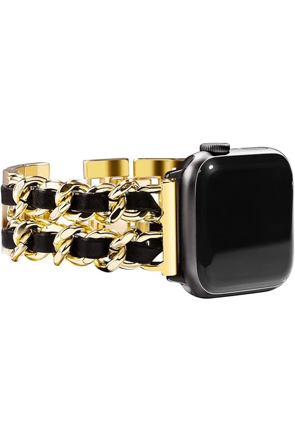 for Apple Watch Band Series 10 42mm 41mm 40mm 38mm Series9 8 7 SE 6 5 4 3, Jewelry Bracelet for iWatch Band for Women, Gold Link with Black Leather