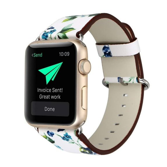 for Apple Watch Bracelet, Floral Printed Leather Watch Band 38mm Strap for AppleApple Watch Flower Design Wrist Watch Bracelet (White+Green Flower)