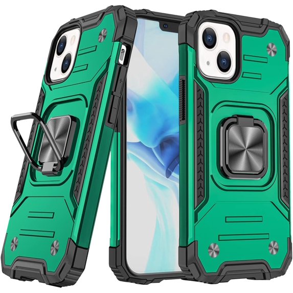for Apple iPhone 14 Case with Metal Kickstand, Slim Fit Durable Military Grade Dual Layer Shockproof Protective Cover Case for iPhone 14 Green