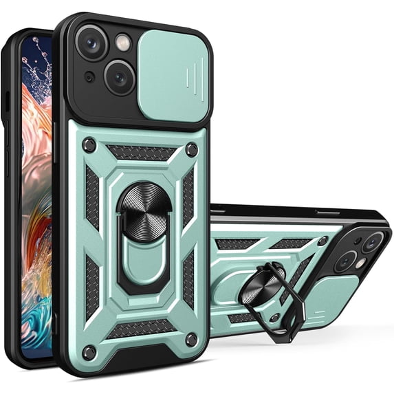 for Apple iPhone 15 Case with Slide Camera Cover for Men, Military Grade Drop Phone Cover Case with Ring Kickstand for iPhone 15 SJ Green
