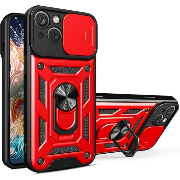 for Apple iPhone 15 Case with Slide Camera Cover for Men, Military Grade Drop Phone Cover Case with Ring Kickstand for iPhone 15 SJ Red