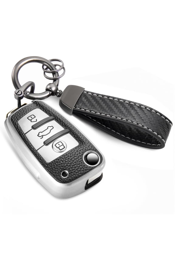 for Audi Key Fob Cover with Luxury Metal Leather Keychain, Upgraded Soft Key Case for A1 A3 A4 A5 A6 Q3 Q5 Q7 TT S3 R8 Key Fob Shell