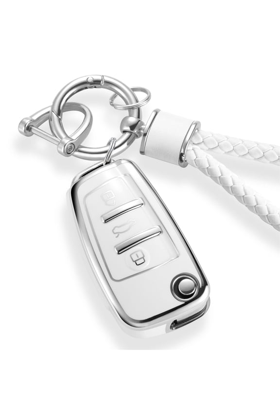 for Audi Key Fob Cover with Luxury Metal Leather Keychain, Upgraded Soft Key Case for A1 A3 A4 A5 A6 Q3 Q5 Q7 TT S3 R8 Key Fob Shell