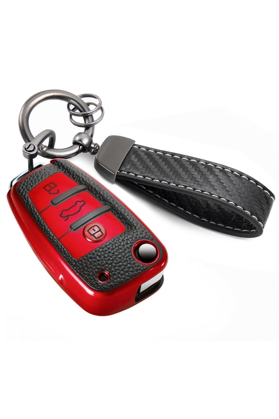 for Audi Key Fob Cover with Luxury Metal Leather Keychain, Upgraded Soft Key Case for A1 A3 A4 A5 A6 Q3 Q5 Q7 TT S3 R8 Key Fob Shell