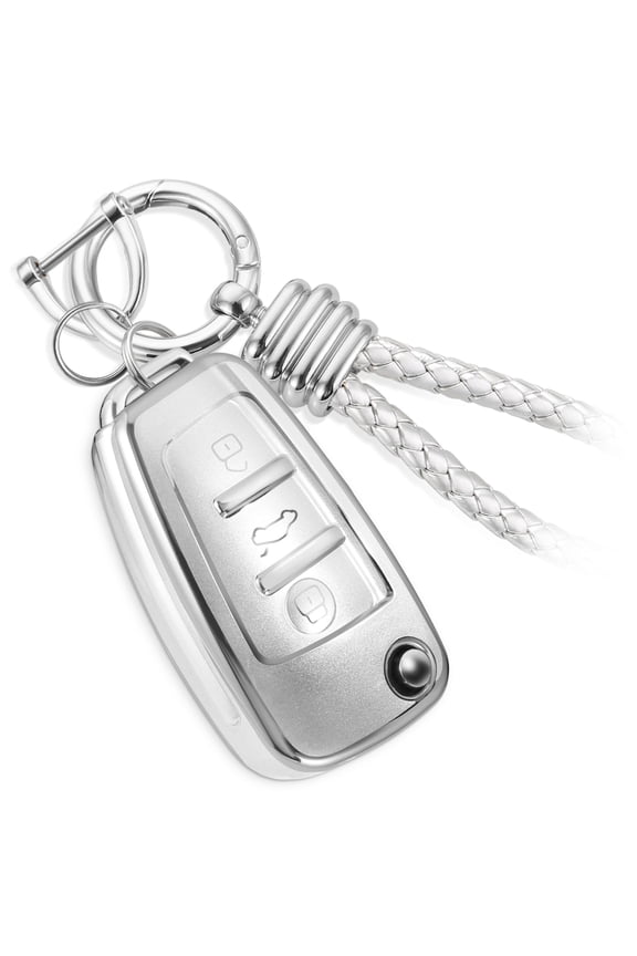 for Audi Key Fob Cover with Luxury Metal Leather Keychain, Upgraded Soft Key Case for A1 A3 A4 A5 A6 Q3 Q5 Q7 TT S3 R8 Key Fob Shell