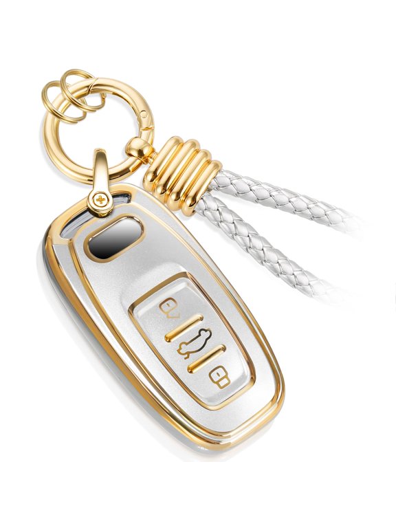 for Audi Key Fob Cover with Luxury Metal Leather Keychain, Upgraded Soft Key Case for A3-A8 Q5 Q8 R8 RS4-RS7 S4-S8 SQ5 Key Fob Shel