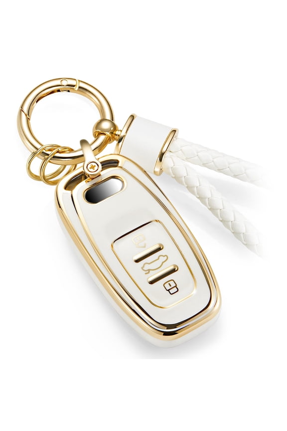 for Audi Key Fob Cover with Luxury Metal Leather Keychain, Upgraded Soft Key Case for A3-A8 Q5 Q8 R8 RS4-RS7 S4-S8 SQ5 Key Fob Shel