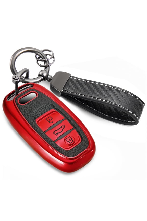 for Audi Key Fob Cover with Luxury Metal Leather Keychain, Upgraded Soft Key Case for A3-A8 Q5 Q8 R8 RS4-RS7 S4-S8 SQ5 Key Fob Shel
