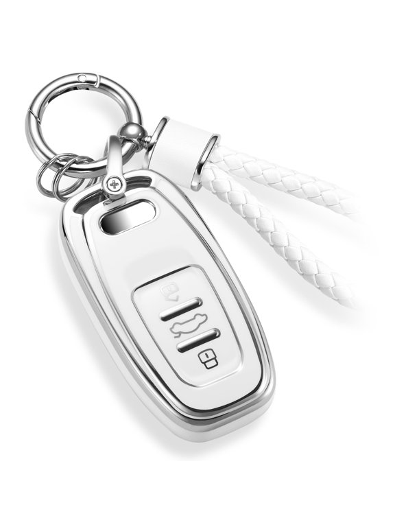 for Audi Key Fob Cover with Luxury Metal Leather Keychain, Upgraded Soft Key Case for A3-A8 Q5 Q8 R8 RS4-RS7 S4-S8 SQ5 Key Fob Shel