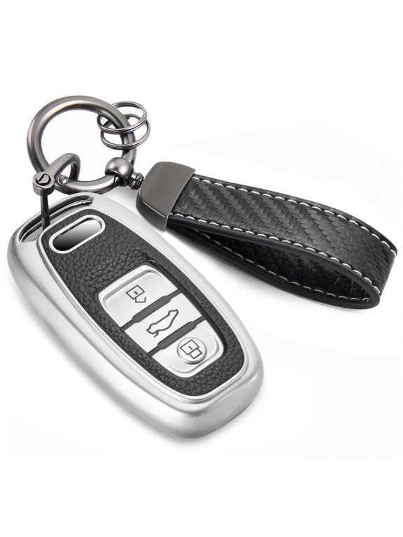 for Audi Key Fob Cover with Luxury Metal Leather Keychain, Upgraded Soft Key Case for A3-A8 Q5 Q8 R8 RS4-RS7 S4-S8 SQ5 Key Fob Shel