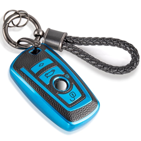 for BMW Fob Cover with Leather Keychain, Soft TPU Surface Grain Car Key Cover for Classic Style BMW Smart Key Keychain