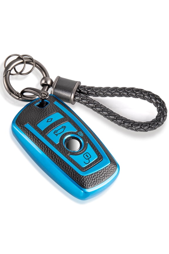 for BMW Fob Cover with Leather Keychain, Soft TPU Surface Grain Car Key Cover for Classic Style BMW Smart Key Keychain