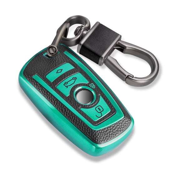 for BMW Fob Cover with Leather Keychain, Soft TPU Surface Grain Car Key Cover for Classic Style BMW Smart Key Keychain