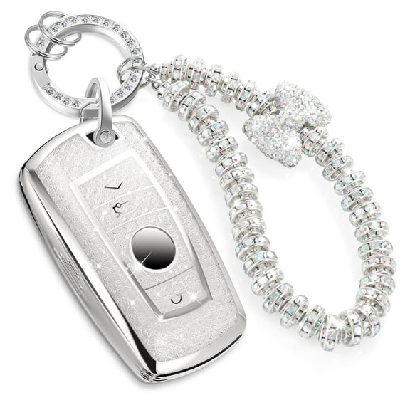 for BMW Fob Cover with Leather Keychain, Soft TPU Surface Grain Car Key Cover for Classic Style BMW Smart Key Keychain