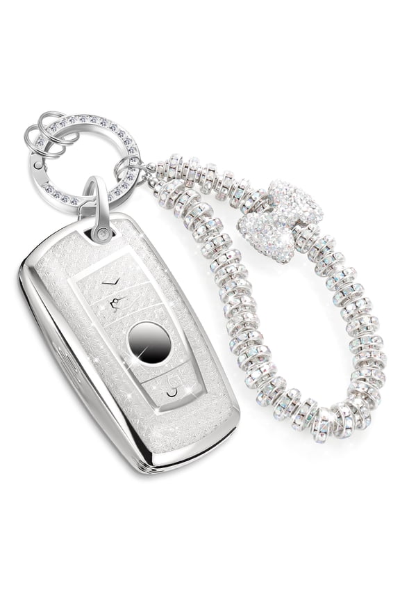 for BMW Fob Cover with Leather Keychain, Soft TPU Surface Grain Car Key Cover for Classic Style BMW Smart Key Keychain
