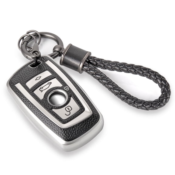 for BMW Key Fob Cover with Metal Braided Rope Keychain, Upgraded Soft TPU Surface Grain Key Case for Classic BMW Key Fob Shell
