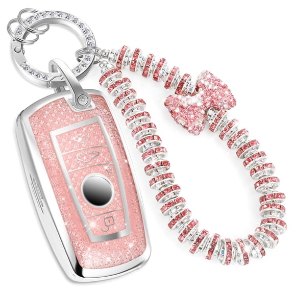 for BMW Key Fob Cover with Metal Braided Rope Keychain, Upgraded Soft TPU Surface Grain Key Case for Classic BMW Key Fob Shell