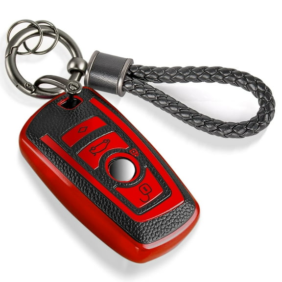 for BMW Key Fob Cover with Metal Braided Rope Keychain, Upgraded Soft TPU Surface Grain Key Case for Classic BMW Key Fob Shell